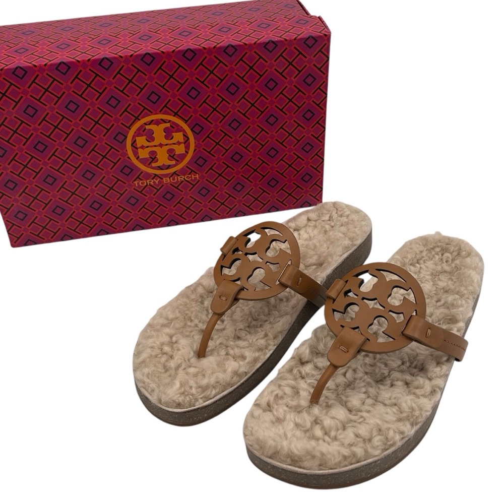 Tory Burch Tan Leather Shearling Thong Sandals Sz 9.5 Worn once. Comes with box.